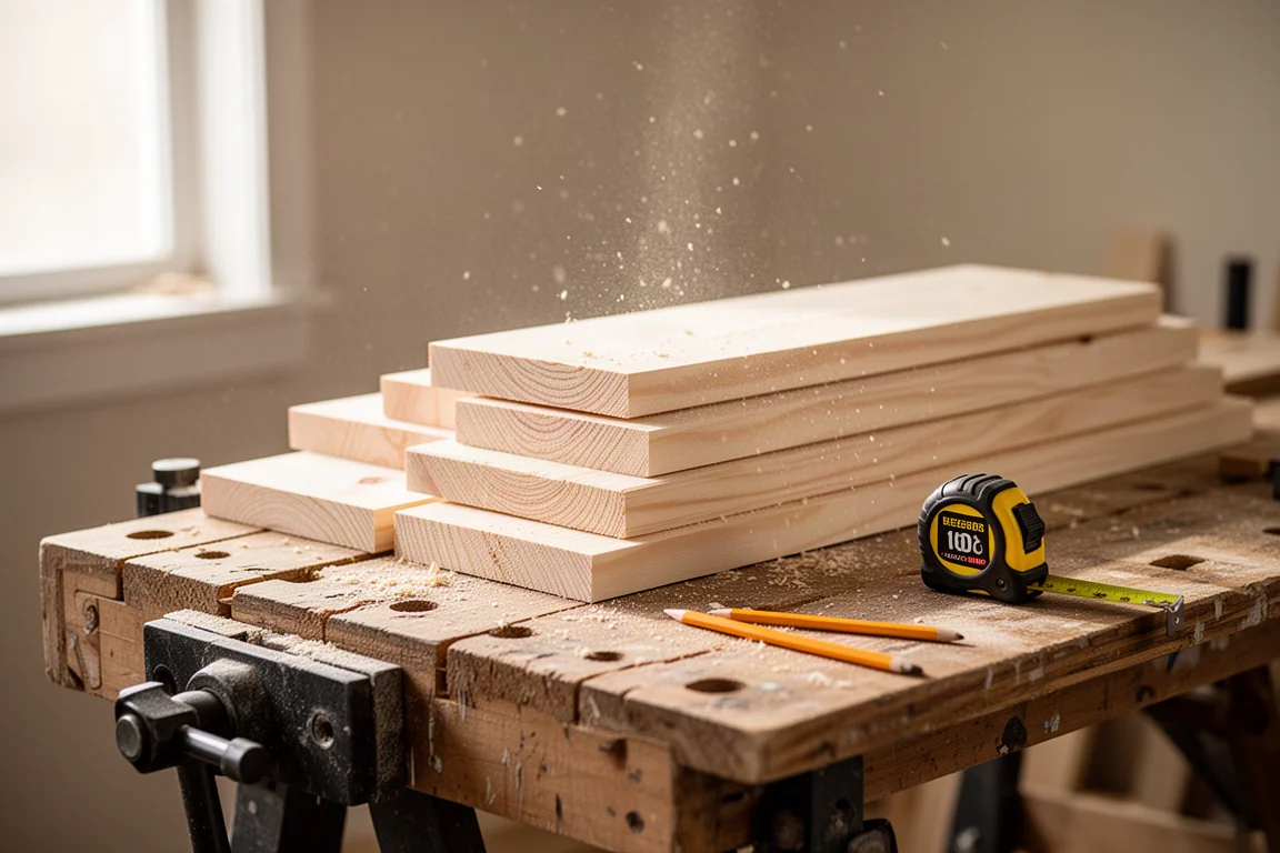 Workshop bench with freshly cut lumber beside a compound miter saw station