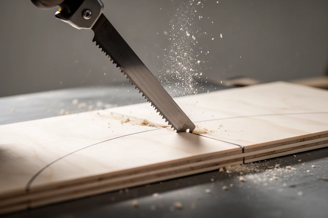 Curved scroll cut being made in a thin board with a jigsaw blade in motion