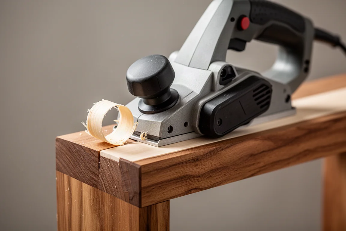Hand planer smoothing the edge of a board with a thin wood shaving curling off