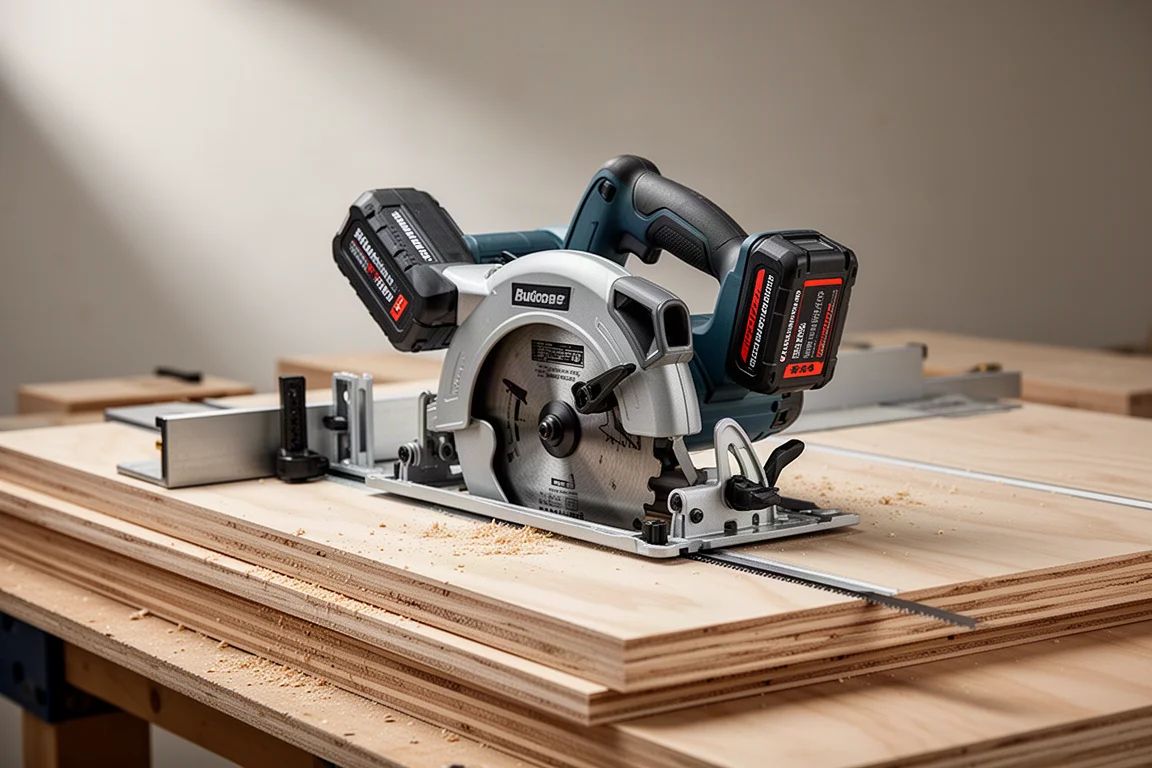 Rear-handle circular saw resting on plywood sheets in a workshop setting