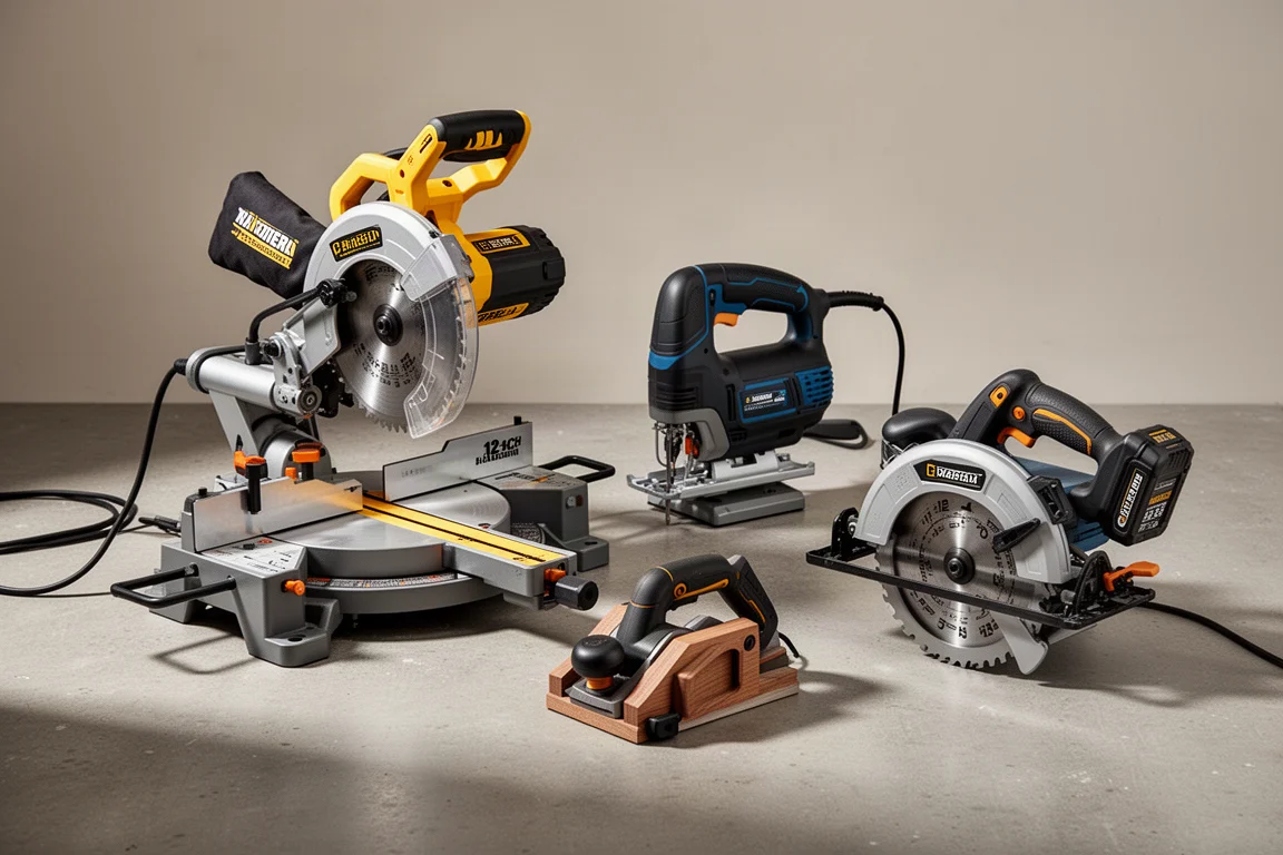 Miter saw, jigsaw, hand planer, and circular saw arranged on a concrete workshop floor