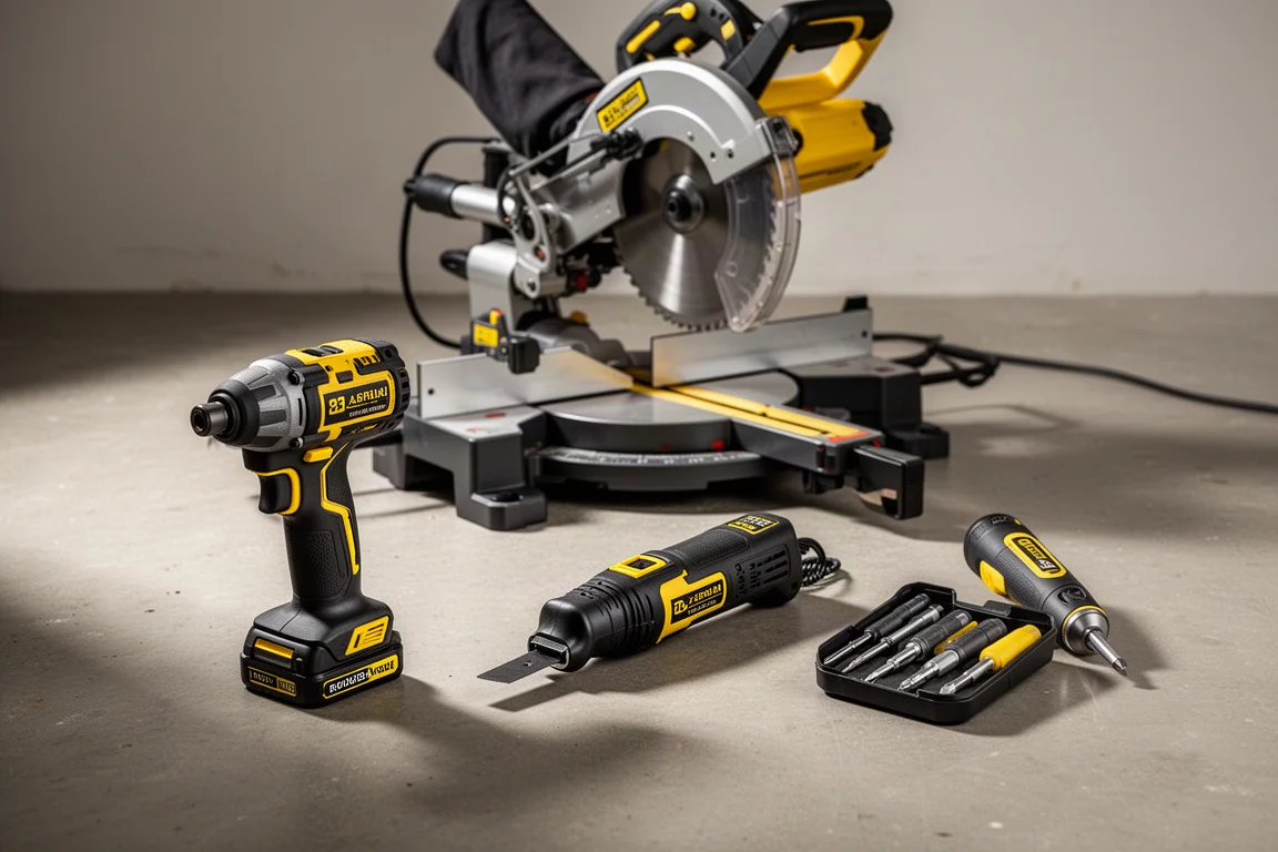 Workshop gear flat-lay with gas detector, socket set, battery, and power station on concrete