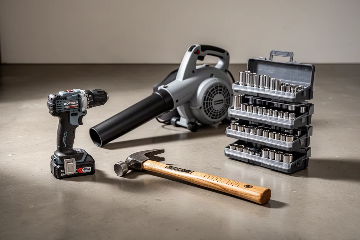 Assorted workshop tools including a drill, leaf blower, and hammer on a concrete floor