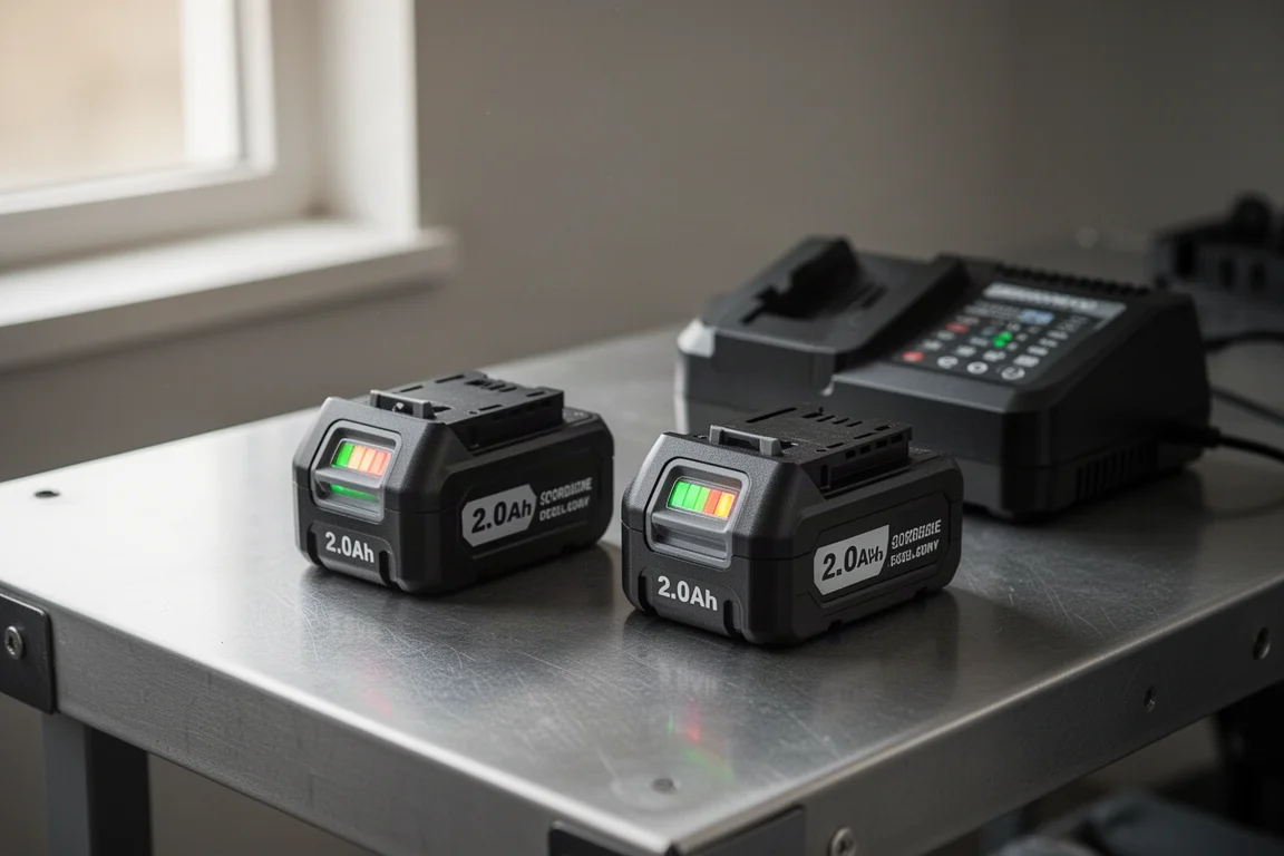 Compact cordless drill and impact driver kit batteries on a workbench