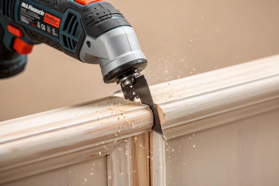 Oscillating multi-tool cutting trim with fine dust in soft light