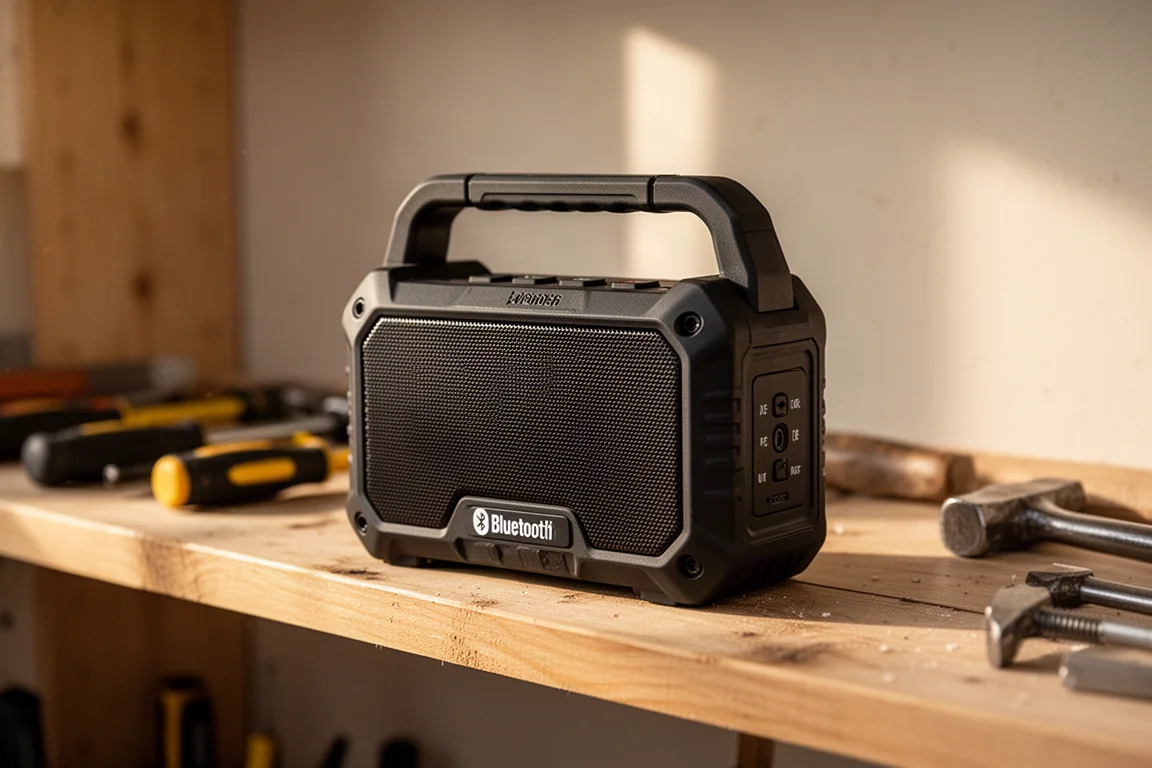 Rugged Bluetooth radio playing on a workshop shelf