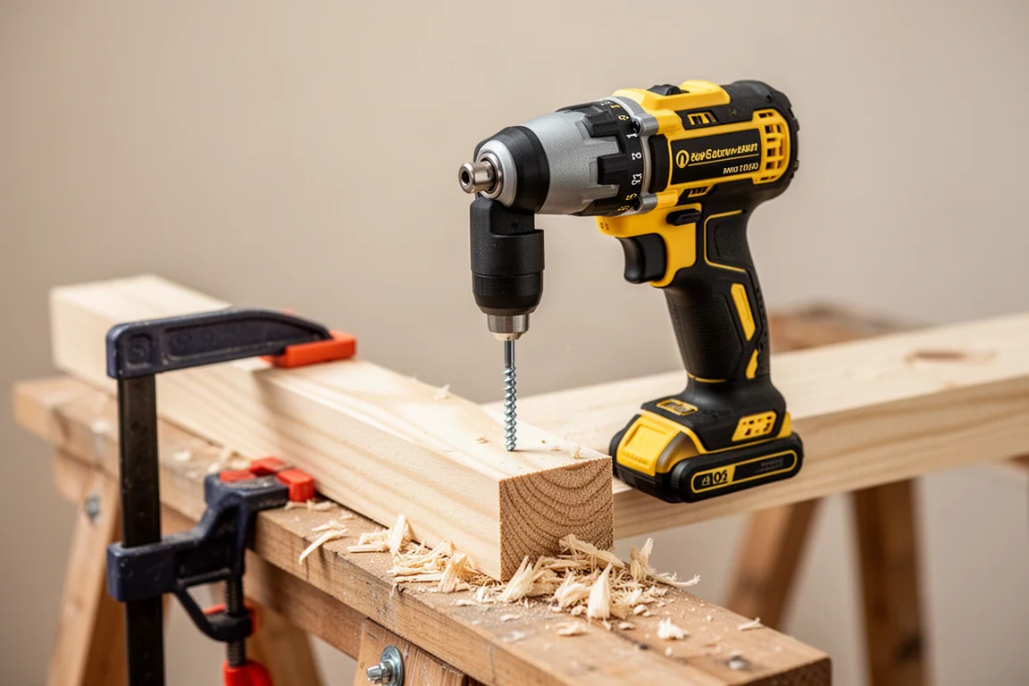 Cordless impact driver driving a screw into lumber on a workbench