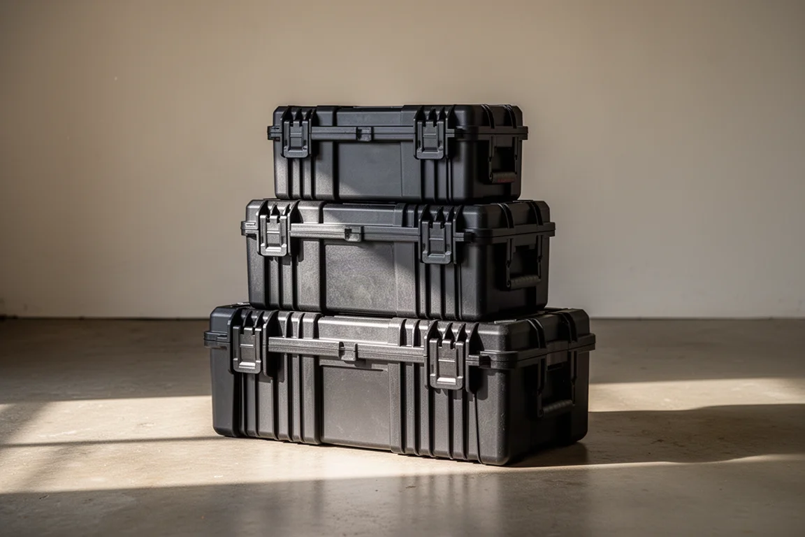 Cajas modulares de almacenamiento de herramientas apiladas en el suelo de un garaje