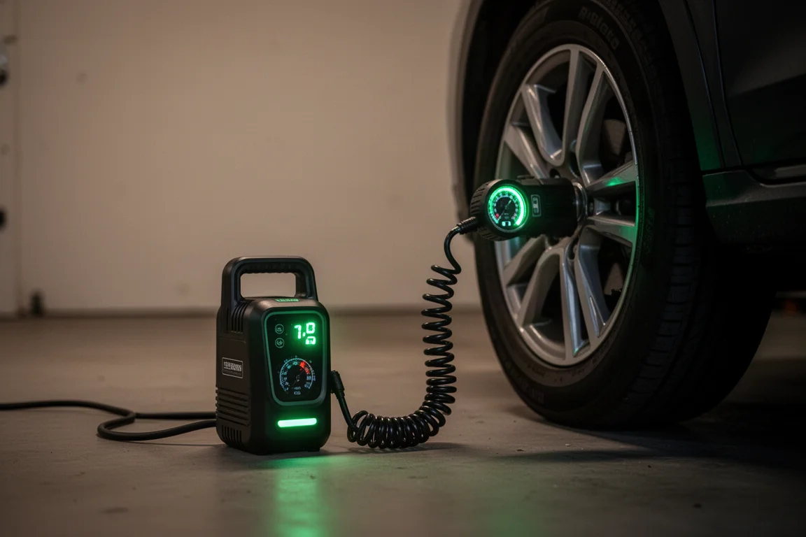 Inflador a batería inflando un neumático en un garaje con poca luz