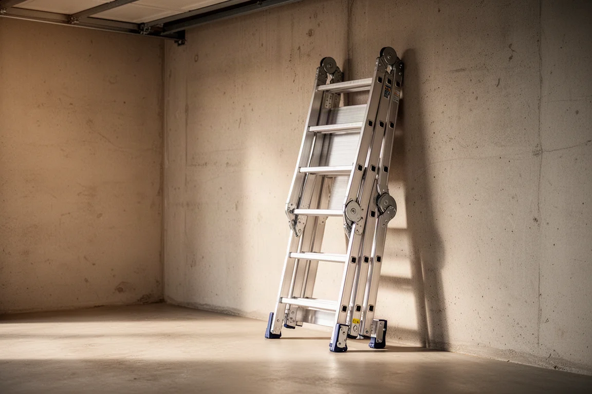 Escalera de aluminio multiposición apoyada contra la pared de una casa