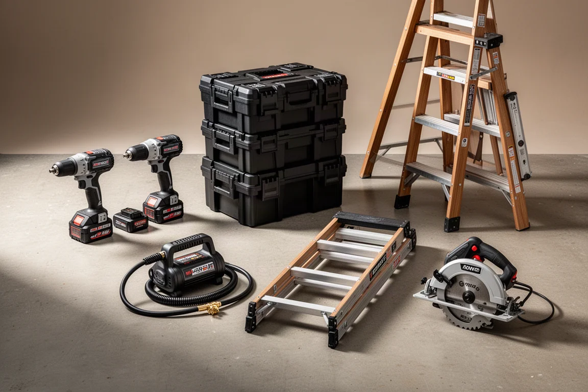 Flat-lay of cordless power tools, storage boxes, an inflator, a circular saw, and a folded ladder on concrete