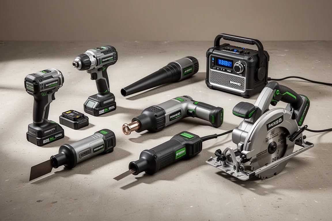 Cordless power tools arranged on a matte concrete workshop surface