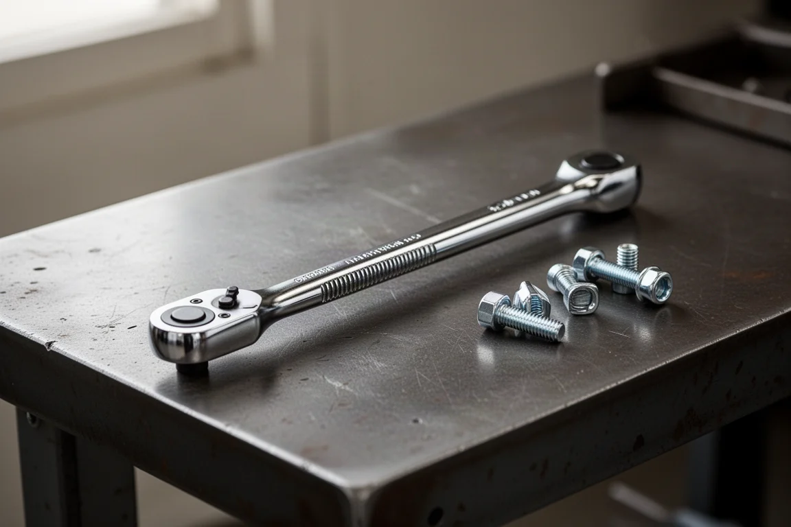 Long half-inch ratchet resting on a dark workbench next to fasteners