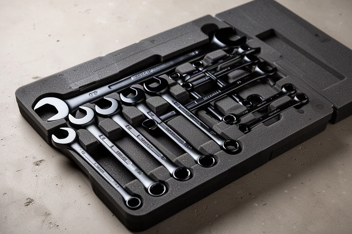 Extra-long black chrome ratcheting wrenches laid out in a foam case