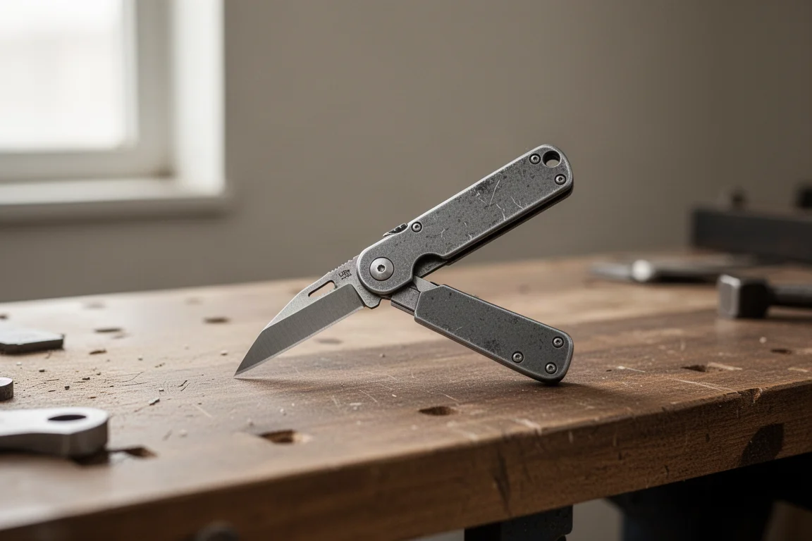 Folding utility knife flipping open on a wooden workbench