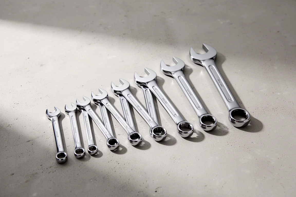 Fully polished combination wrenches fanned out on a store-style display table