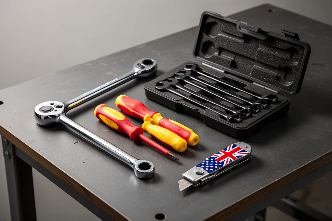 Assorted hand tools including a ratchet, insulated screwdrivers, wrenches and a folding utility knife on a dark workbench