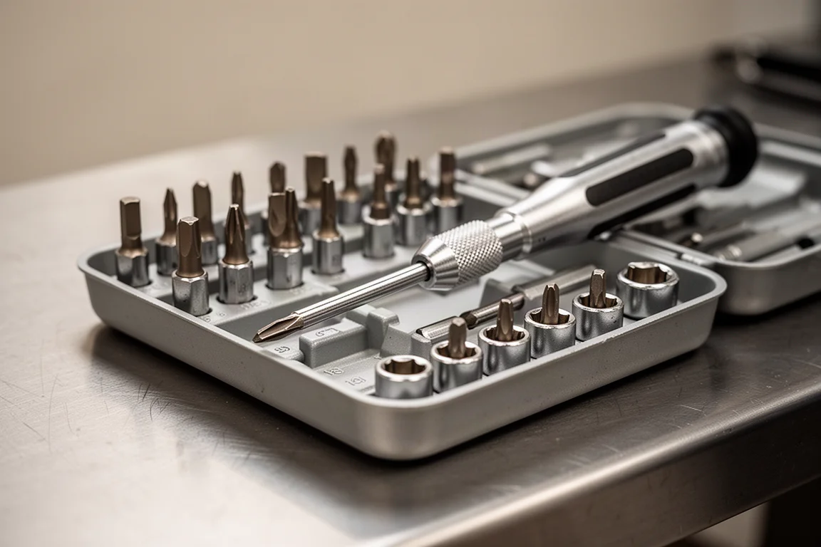 Zbliżenie na końcówki precyzyjnych wkrętaków i bity magnetyczne leżące na ławie