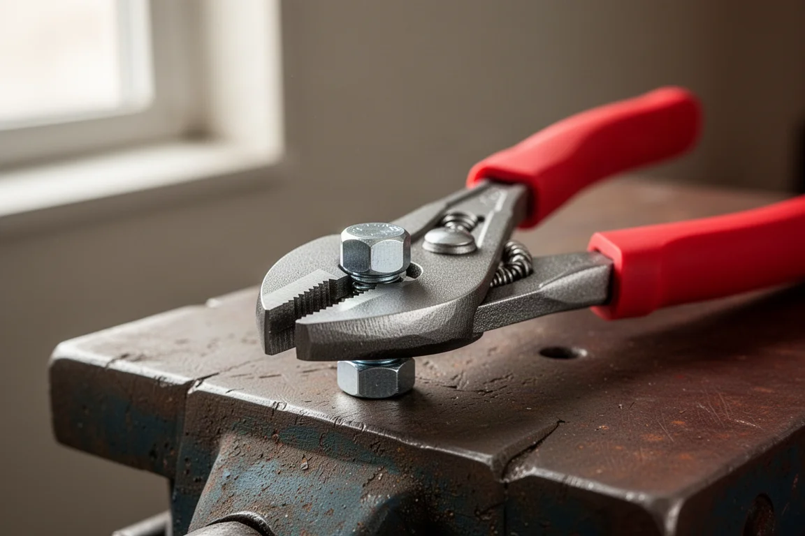 Szczypce typu Knipex trzymające śrubę na ławie warsztatowej w miękkim świetle