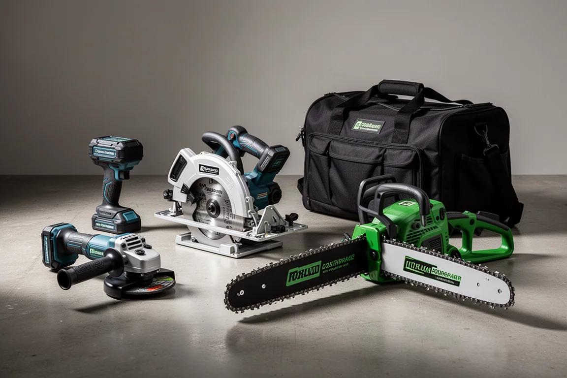 Assortment of cordless power tools arranged on a concrete workshop floor