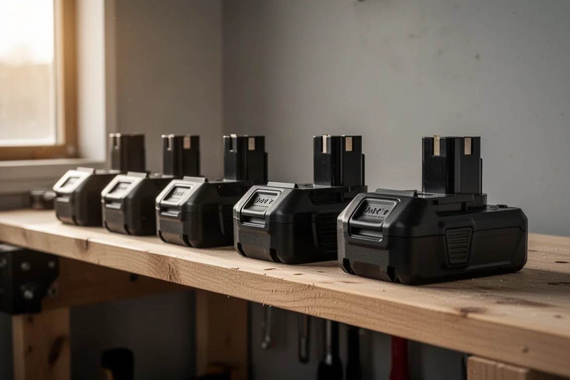 Baterías de herramientas inalámbricas alineadas en un estante de taller