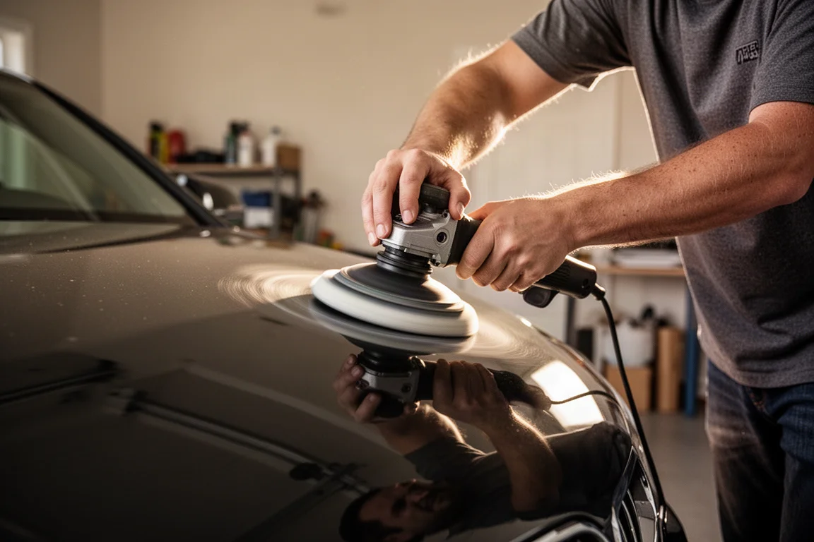 Aficionado al bricolaje puliendo un panel de coche en un garaje doméstico