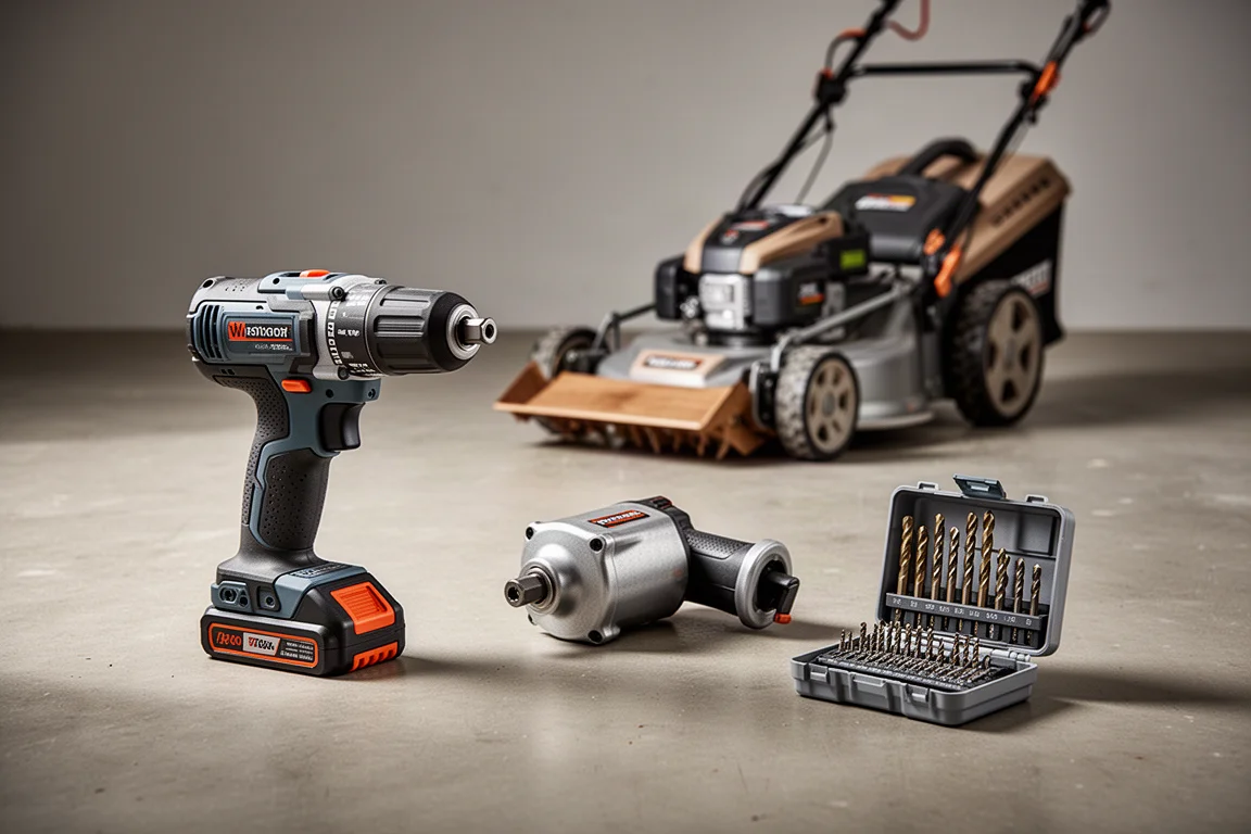 Assorted power tools including a drill, impact wrench, mower, and bit case on concrete