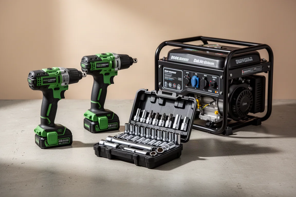 Drill and impact driver combo, socket set, and portable generator arranged on concrete