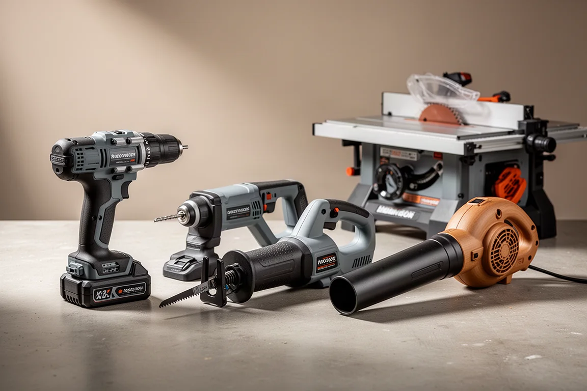 Cordless power tools arranged on a concrete workshop surface