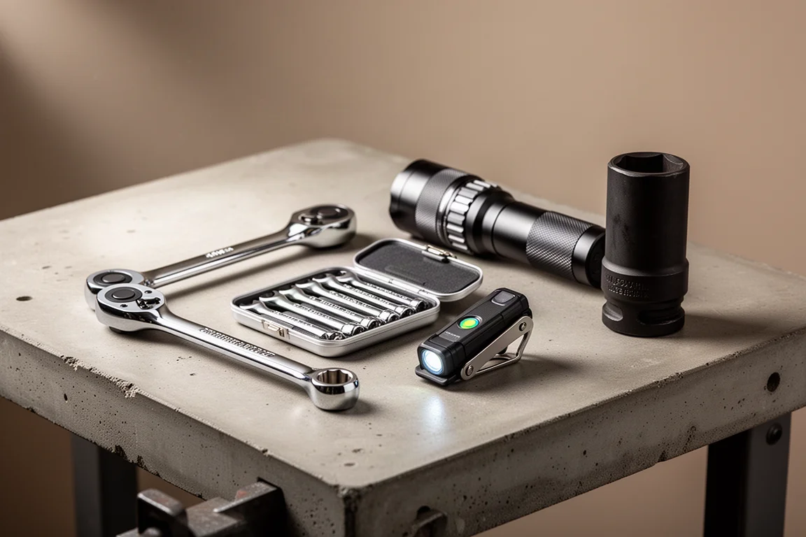 Curated arrangement of ratchet, wrenches, lights, and sockets on a concrete workbench