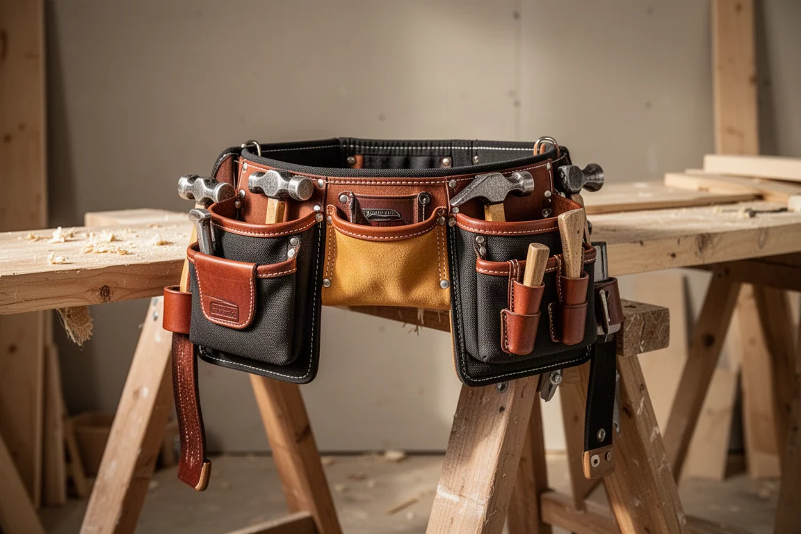 Robuster Werkzeuggürtel mit Hammerschlaufen und Taschen auf einer Sägebock