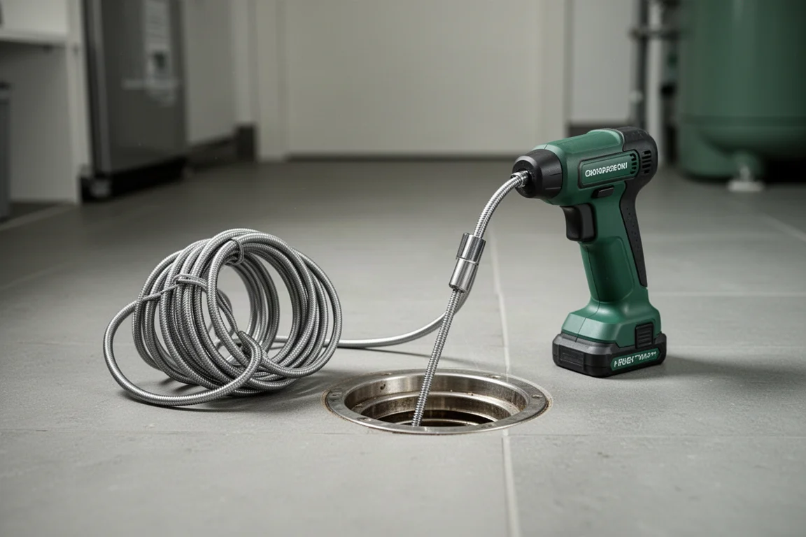 Tragbare Rohrreinigungsspirale, die sich bei einer Sanitärreparatur in einen Bodenablauf aufwickelt
