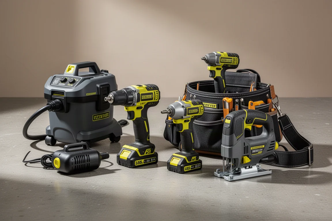 Collection of cordless power tools including a shop vacuum, drill kit, air pump and tool belt on concrete