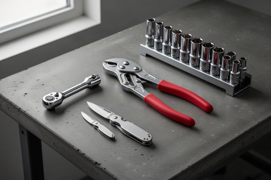 Flat-lay of hand tools including a ratchet, pliers, knife and socket set on a workbench