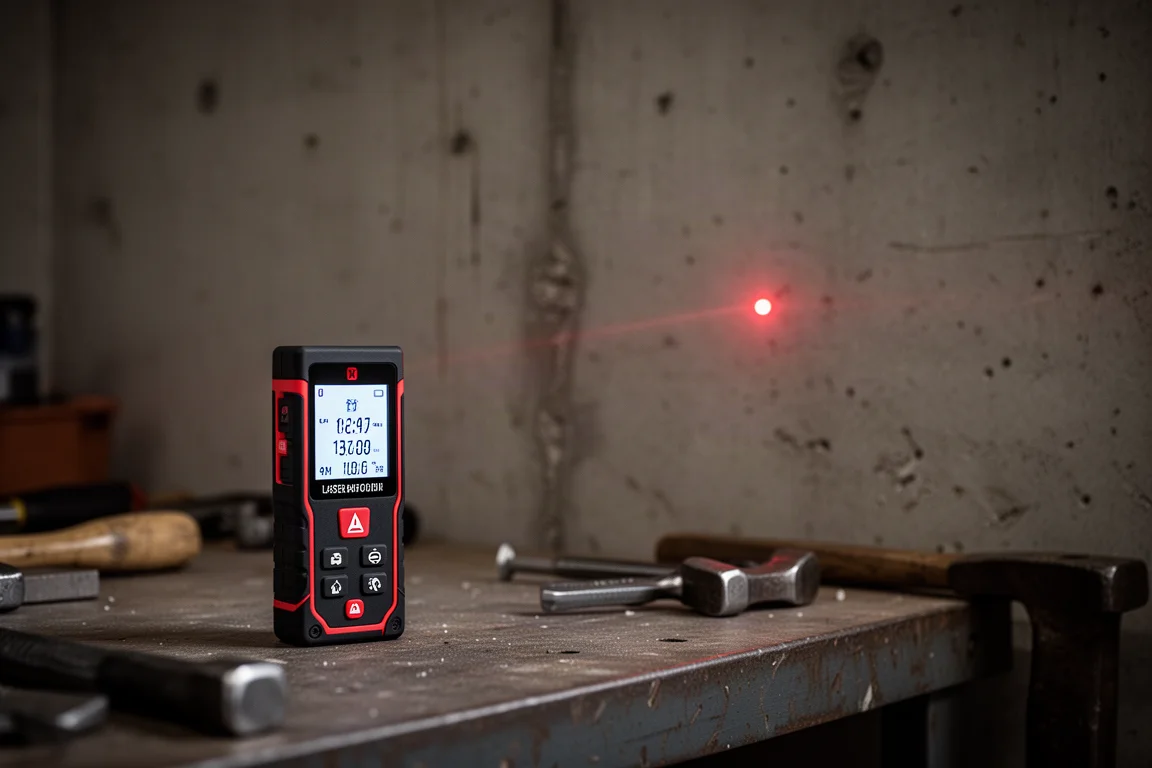 Un medidor láser proyectando un punto rojo sobre la pared de un taller en penumbra