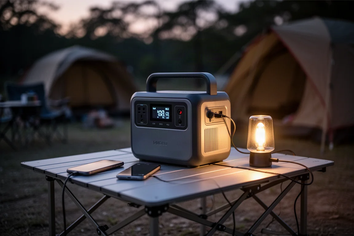 Una central eléctrica compacta cargando dispositivos sobre una mesa de campamento al atardecer