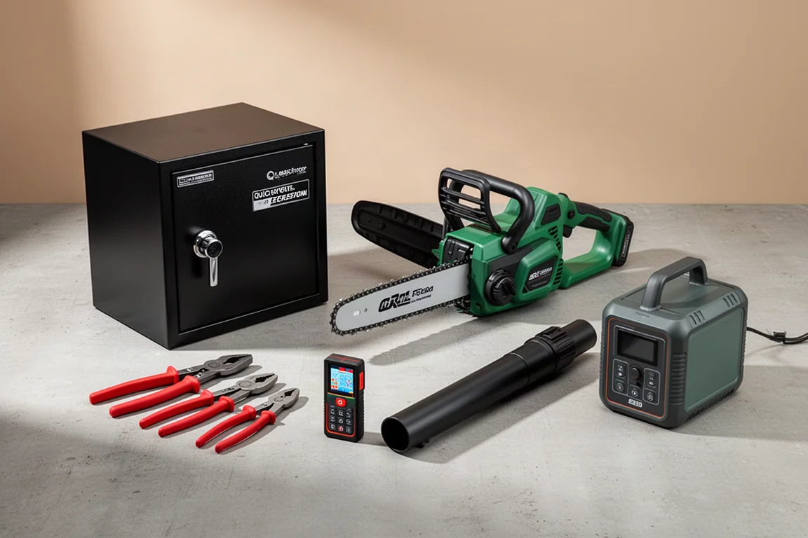 A curated spread of workshop and outdoor tools including a safe, chainsaw, pliers, laser measure, blower, and power station
