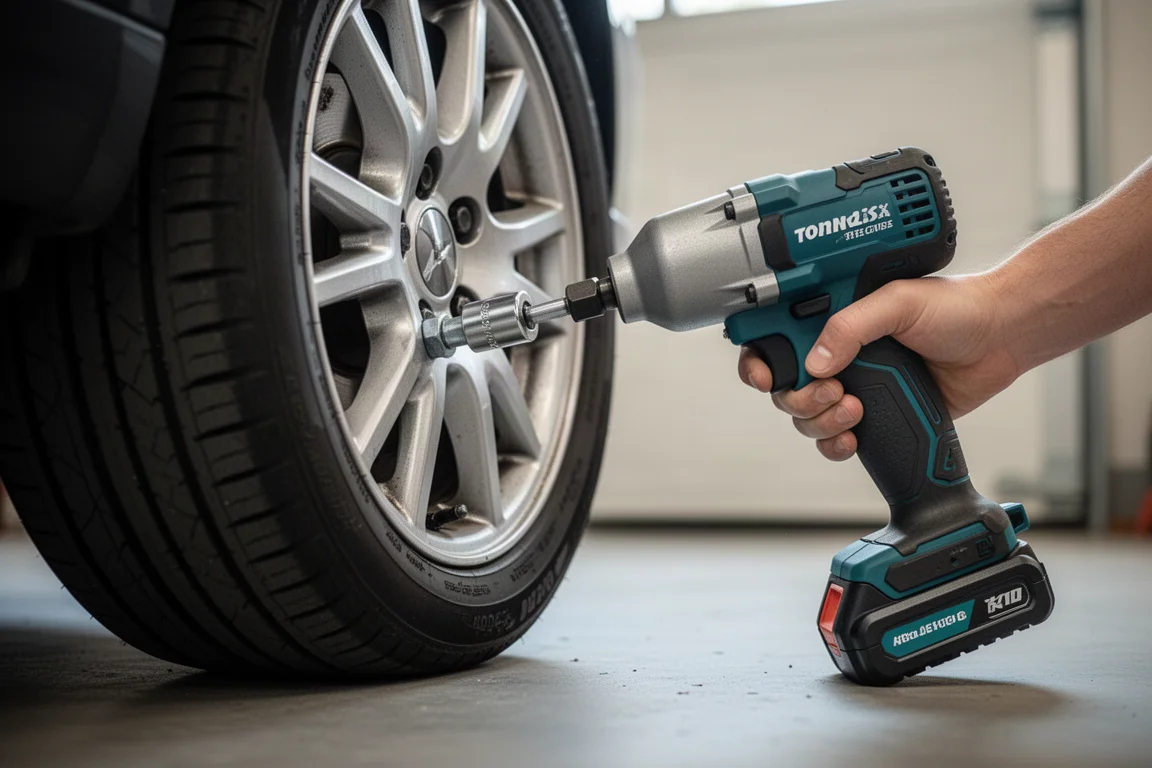 Schlagschrauber löst eine Radmutter an einem Auto in der heimischen Garage