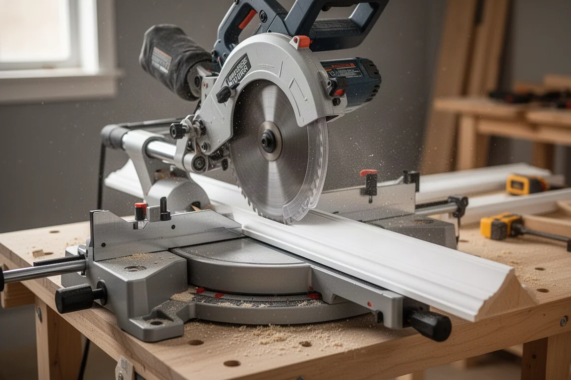 Miter saw cutting a piece of trim in a tidy workshop