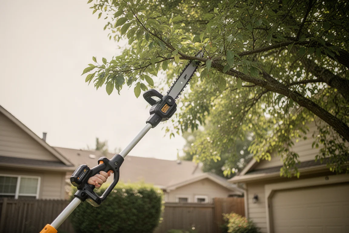 Cordless pole saw trimming a high tree branch in a sunny yard