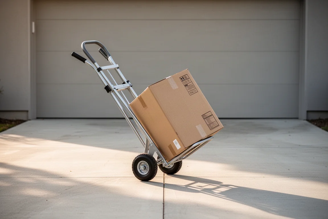 Folding hand truck loaded with a box on a driveway