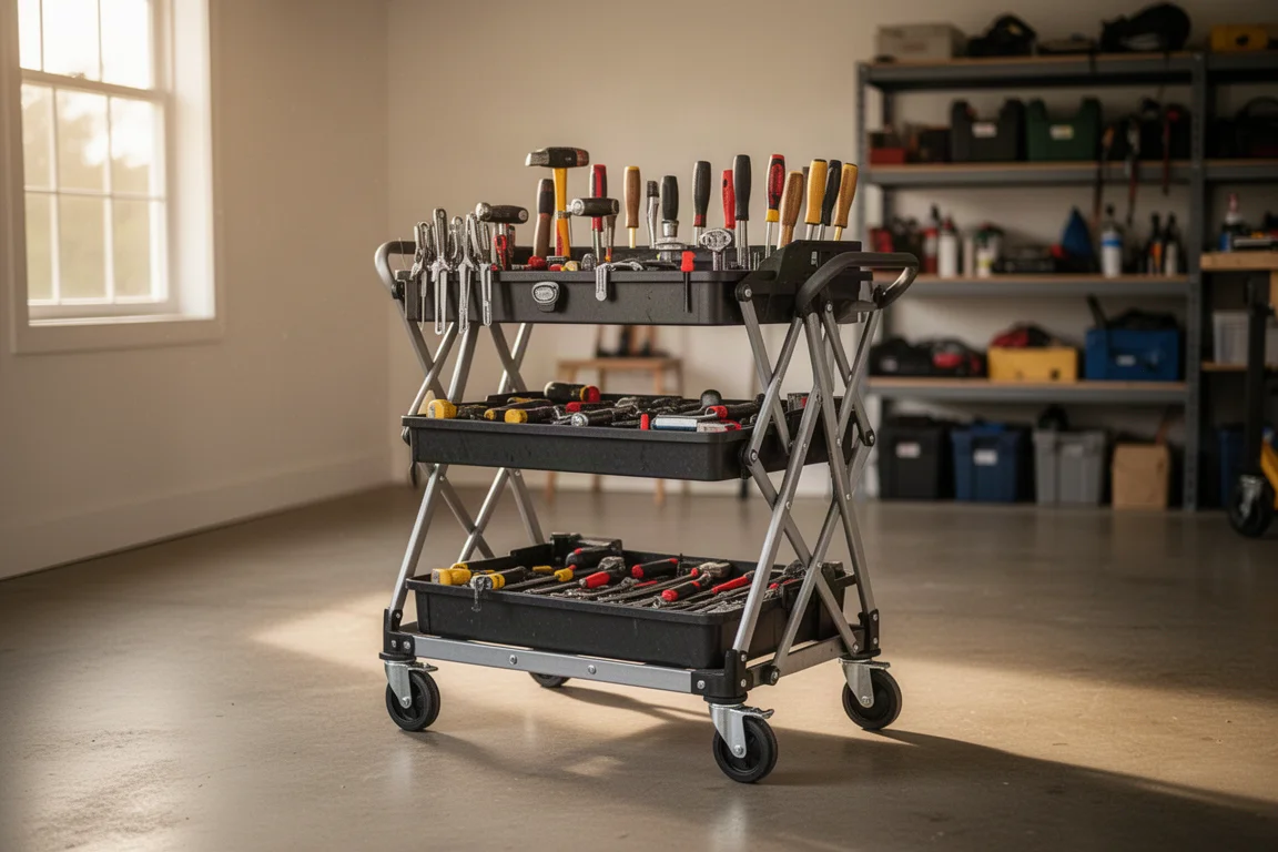 A rolling folding tool cart loaded with hand tools in a home workshop