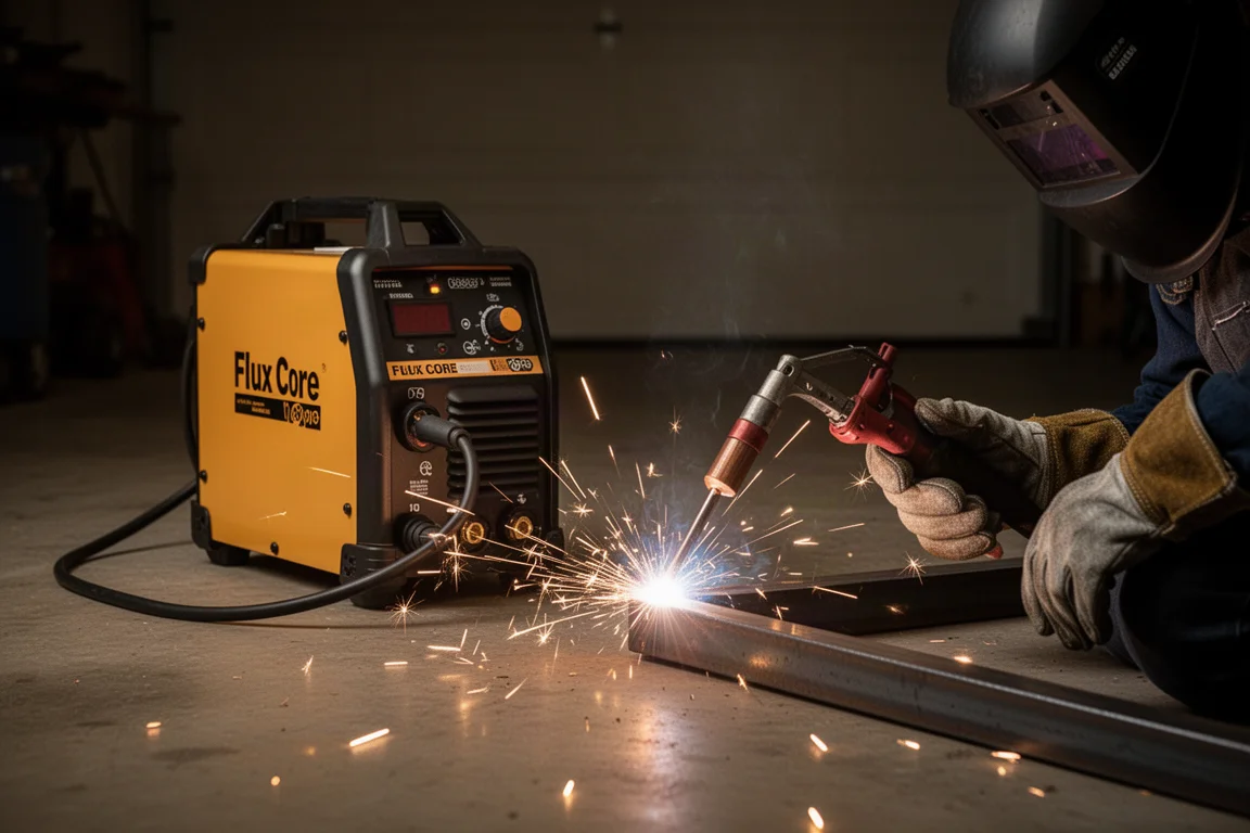 Flux core MIG welder sparking on a steel workpiece outdoors