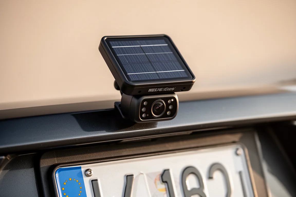 Solar-powered wireless backup camera mounted above a license plate