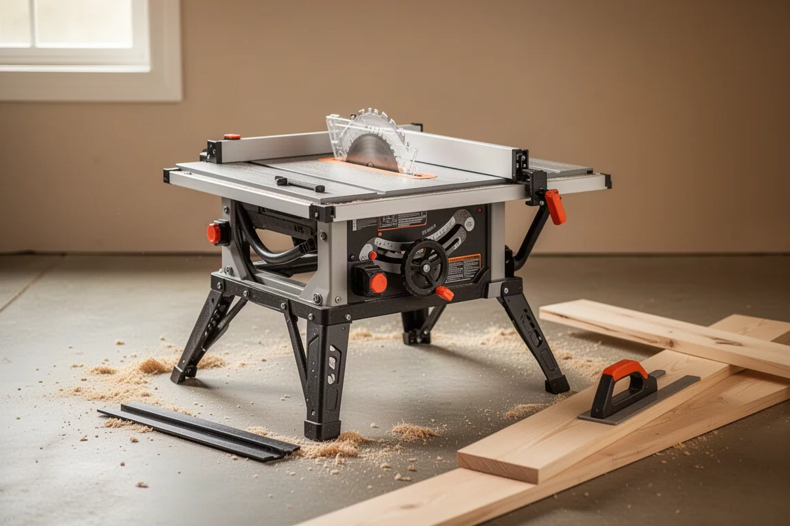 Compact portable table saw with fold-out legs in a small workshop