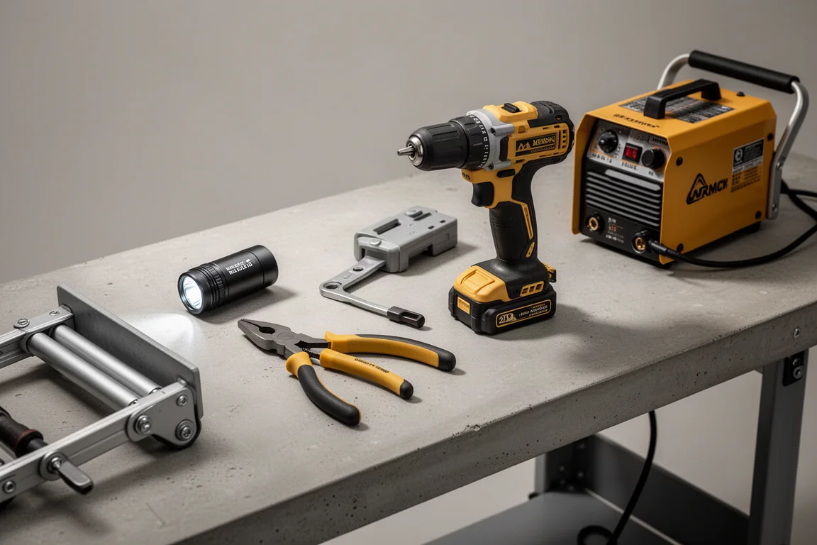 A collection of workshop tools arranged on a concrete workbench