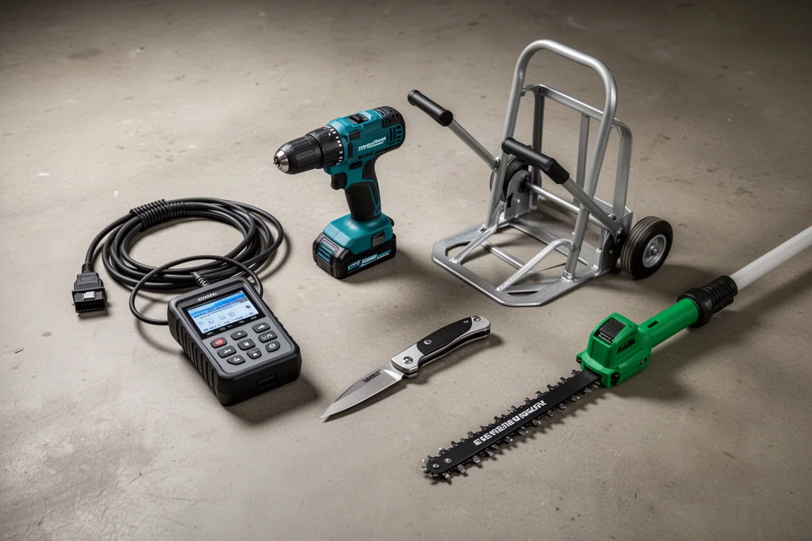Flat-lay of assorted workshop tools including a scan tool, drill, hand truck, knife, and pole saw on concrete