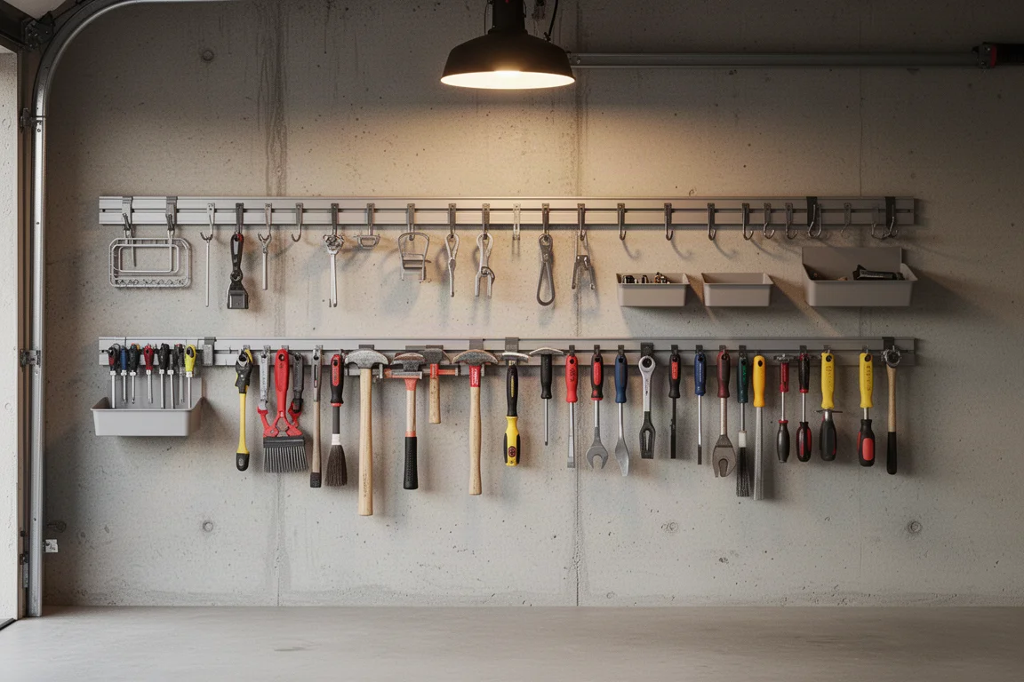 Garagevägg med modulär förvaring av krokar och brickor som håller verktygen organiserade