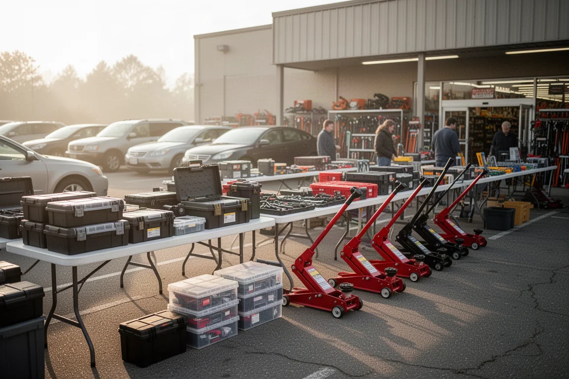Weekend parking lot tool sale with tables of discounted tools and storage