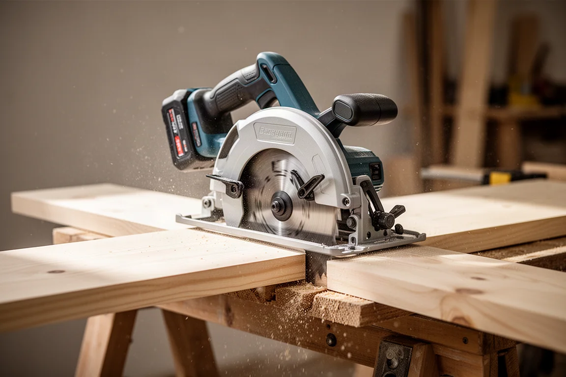 Rear-handle cordless circular saw cutting a board on a workbench